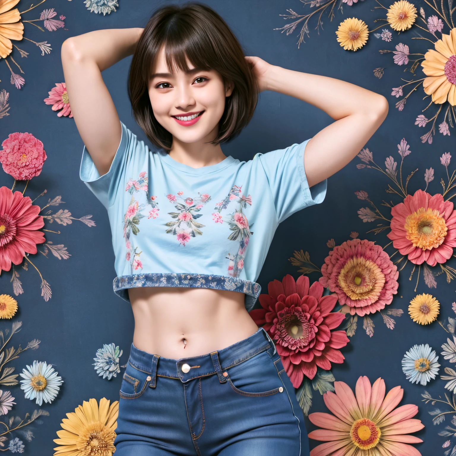 238 18-year-old female, short hair, (Jeans andT-shirt), A kind smile, lipstick, Abdominal muscles, (Floral Background、Fractal Patterns)