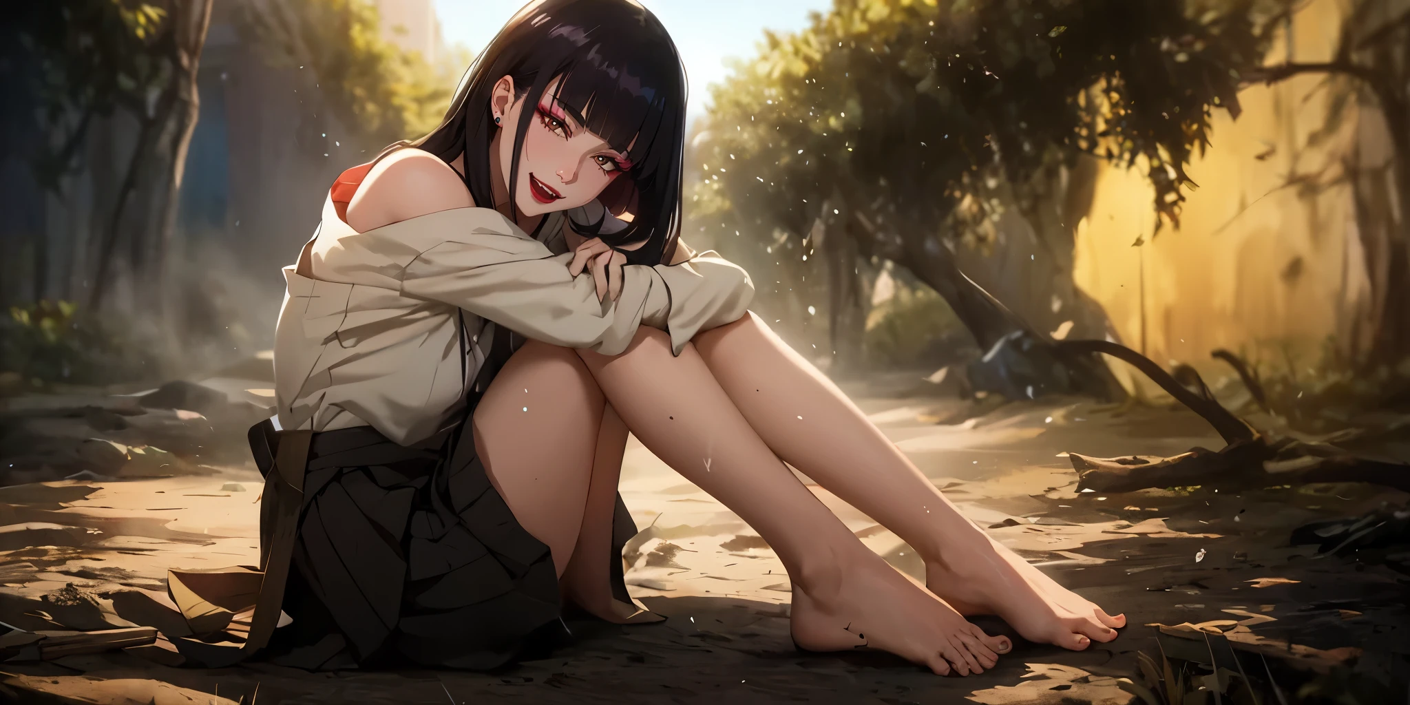 senjumaru shutara, (long hair, bangs, blunt bangs, black hair, sidelocks:1.5), (black eyes:1.5), makeup, lipstick, red lipstick, sweating, glowing eyes, heavy breathing, female focus, 1girl, barefoot, feet, skirt, breasts, outdoors, looking_at_viewer, tree, bare_legs, sitting, solo, large_breasts, black_skirt, mole, legs, bare_shoulders, toes, jewelry, thighs, shirt, earrings, off_shoulder, sidelocks, bush, day, long_sleeves, leg_hug, mole_under_eye, pleated_skirt, mole_under_mouth, "glow effects, godrays, Hand drawn, render, 8k, octane render, cinema 4d, blender, dark, atmospheric 4k ultra detailed, cinematic, Sharp focus, big depth of field, Masterpiece, colors, 3d octane render, 4k, concept art, trending on artstation, hyperrealistic, Vivid colors, extremely detailed CG unity 8k wallpaper, trending on CGSociety, Intricate, High Detail, dramatic", anime coloring, anime screencap, sweating, steaming body, fog, hollow eyes, bright pupils, brown eyes, looking at viewer. glowing eyes, heavy breathing, seductive smile, makeup, upper teeth,