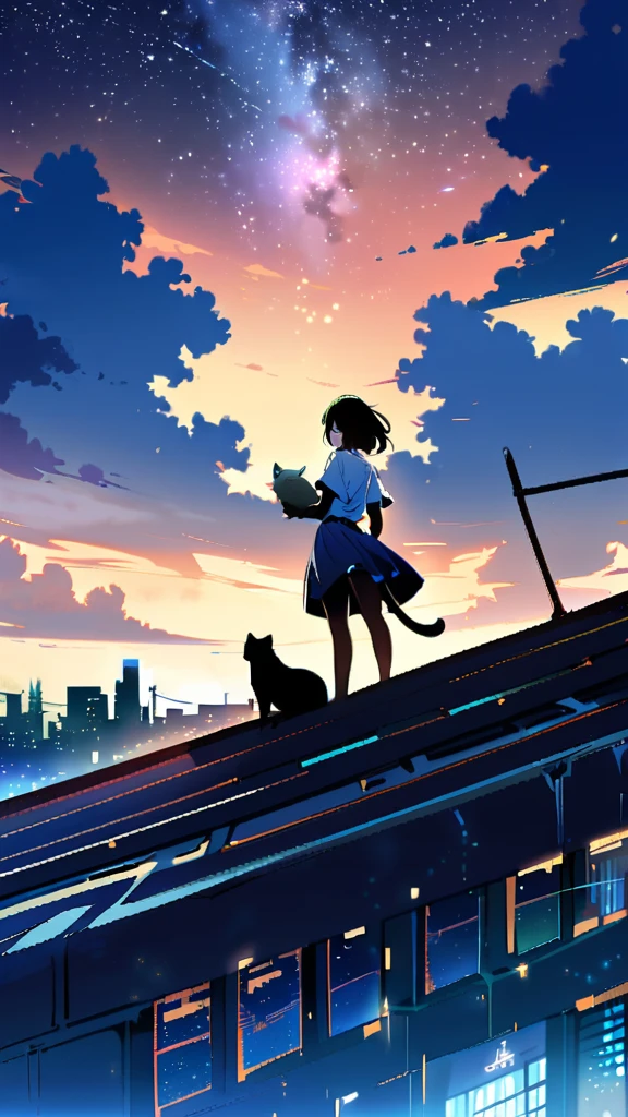1girl, short hair, blue eyes, skirt, shirt, holding, , standing, outdoors, sky, cloud, blue skirt, night, animal, cat, building, star \(sky\), scenery, starry sky, city, cityscape, whiskers, rooftop, oversized animal