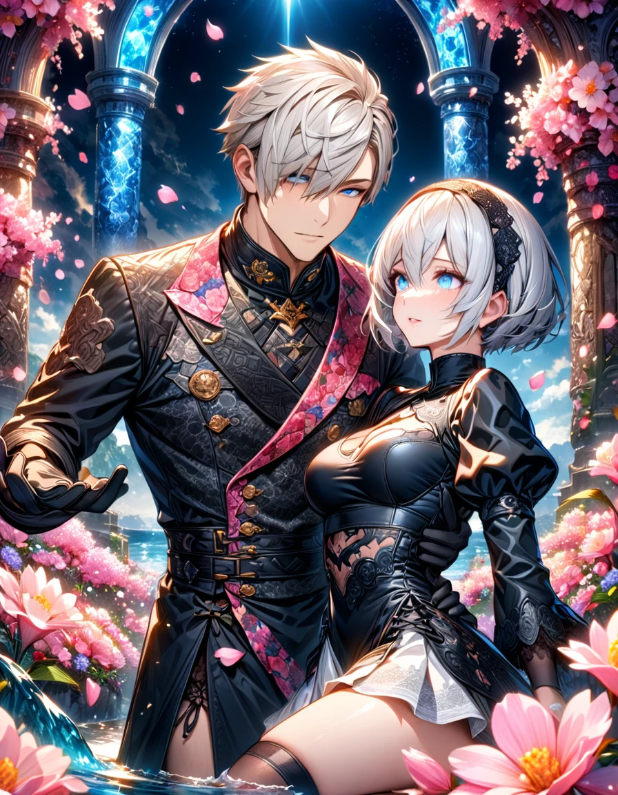 Ultra detailed, highres, absurdres, HDR, master piece, 2B, white short hair, expressive blue eye, hair falling over her left eye, 9S, expressive blue eyes, white short hair, black clothes with patterns, Nier Automata, fantasy, petals, blossoms, pink flowers, water, black gloves, a handsome man together with a beautiful woman, sexy, couple, love, magic, best quality, extremely detailed face and eyes,