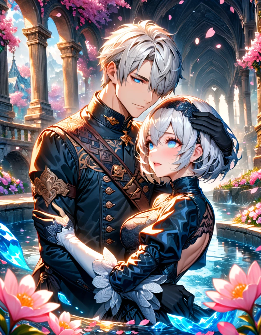 Ultra detailed, highres, absurdres, HDR, master piece, 2B, white short hair, expressive blue eye, hair falling over her left eye, 9S, expressive blue eyes, white short hair, black clothes with patterns, Nier Automata, fantasy, petals, blossoms, pink flowers, water, black gloves, a handsome man together with a beautiful woman, sexy, couple, love, magic, best quality, extremely detailed face and eyes,