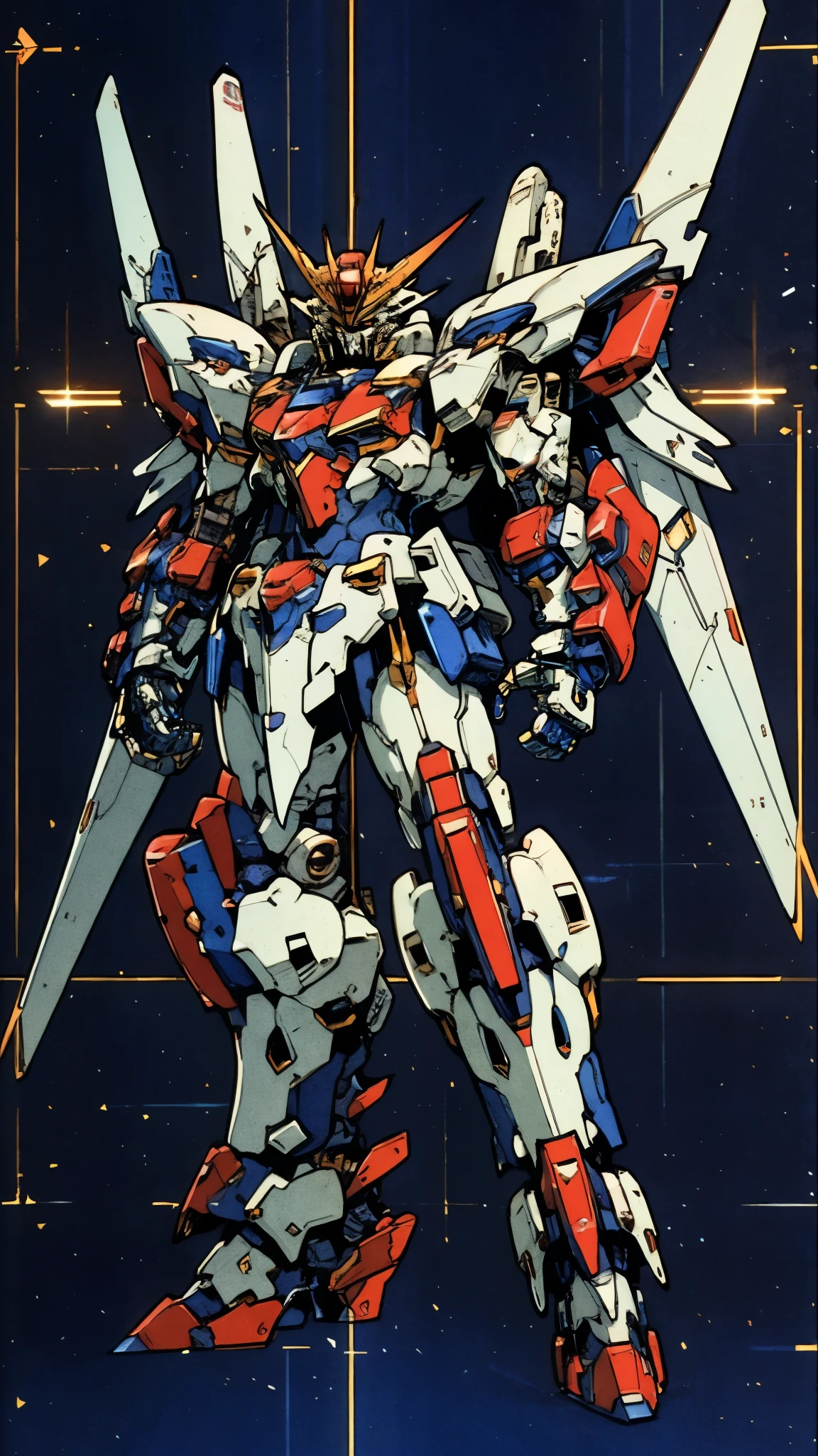 Humanoid Mecha, fully enclosed shoulder guards, matching arm and leg guards, full body, full armor, super robot, the design balances heavy with agility, (the color scheme is primarily white with red and blue accents, the concept Inspired by super robot, composite layered chest armor, pose, standing, floating high above the futuristic sci-fi city), exquisite and mature art style, (aura effect, energy, glowing eyes, the armor glows), ((SRS)), metallic, dramatic, high definition, best quality, highres, ultra-detailed, ultra-fine painting, extremely delicate, professional, perfect body proportions, anatomically correct, symmetrical face, extremely detailed eyes and face, high quality eyes, creativity, RAW photo, UHD, 32k, Natural light, cinematic lighting, masterpiece-anatomy-perfect, masterpiece:1.5