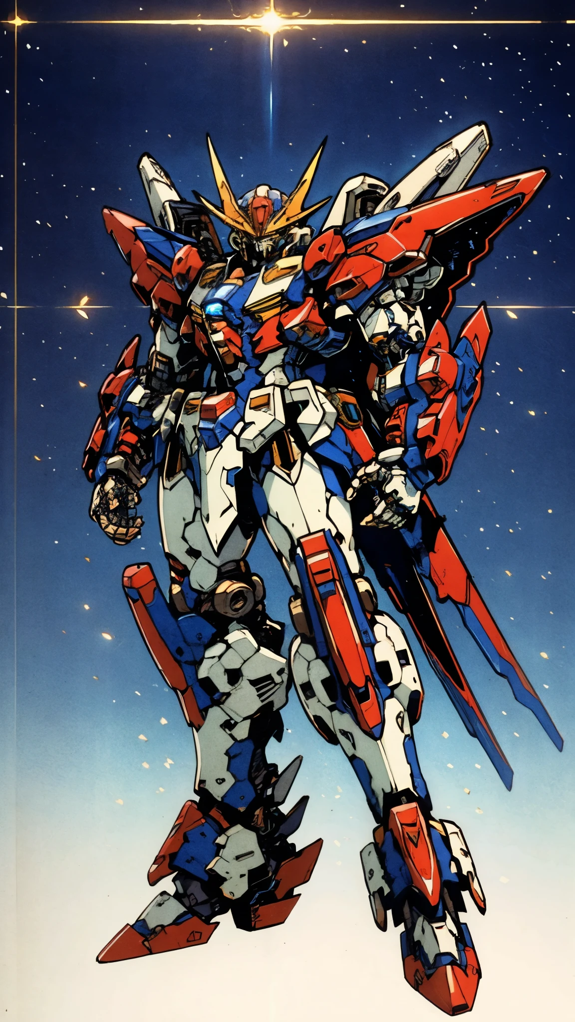 Humanoid Mecha, fully enclosed shoulder guards, matching arm and leg guards, full body, full armor, super robot, the design balances heavy with agility, (the color scheme is primarily white with red and blue accents, the concept Inspired by super robot, composite layered chest armor, pose, standing, floating high above the futuristic sci-fi city), exquisite and mature art style, (aura effect, energy, glowing eyes, the armor glows), ((SRS)), metallic, dramatic, high definition, best quality, highres, ultra-detailed, ultra-fine painting, extremely delicate, professional, perfect body proportions, anatomically correct, symmetrical face, extremely detailed eyes and face, high quality eyes, creativity, RAW photo, UHD, 32k, Natural light, cinematic lighting, masterpiece-anatomy-perfect, masterpiece:1.5