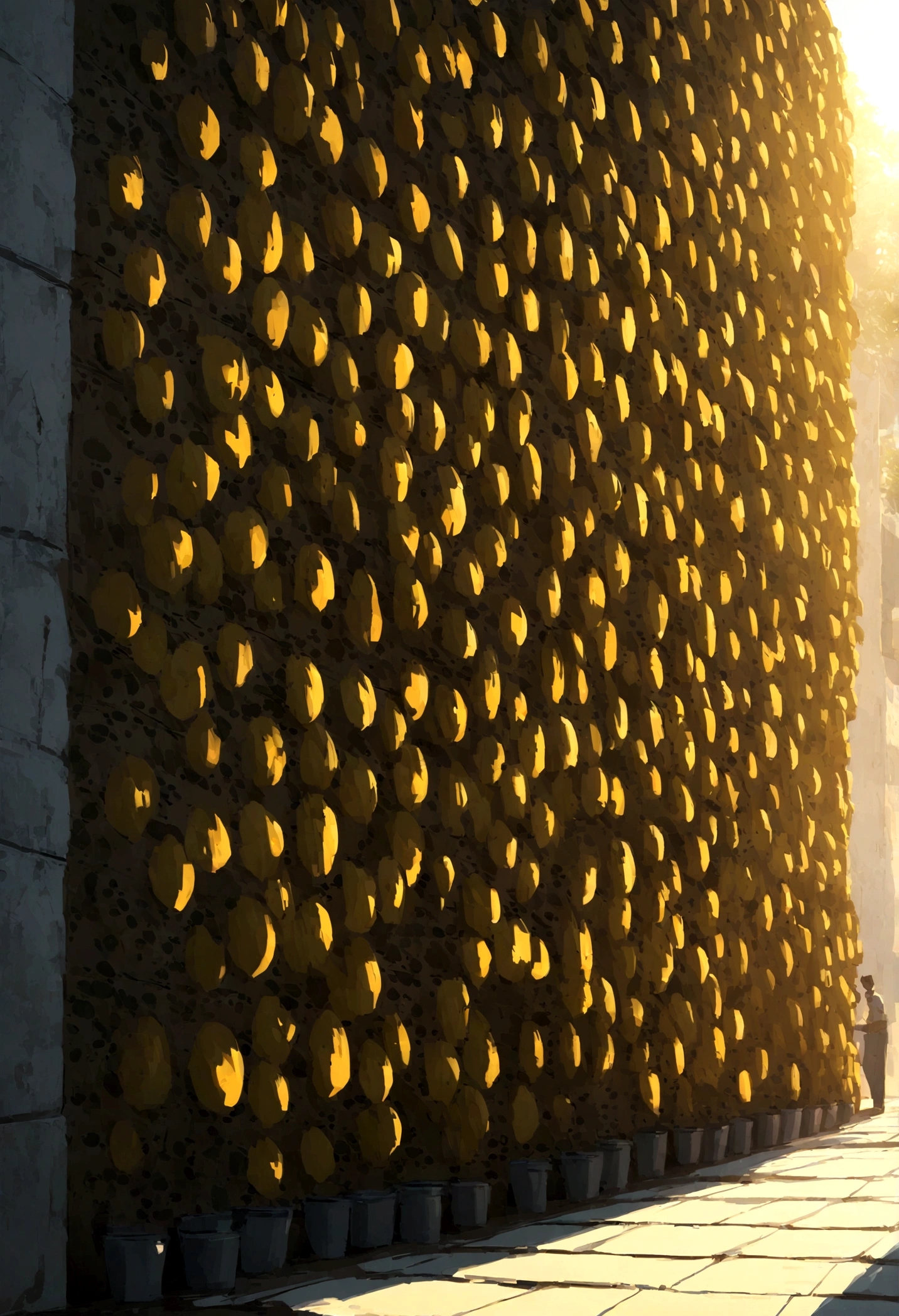 Outdoor sun-shading climbing wall, mature Indian chrysanthemum, 6m high and 30m wide. Pots for planting are placed on top of the wall