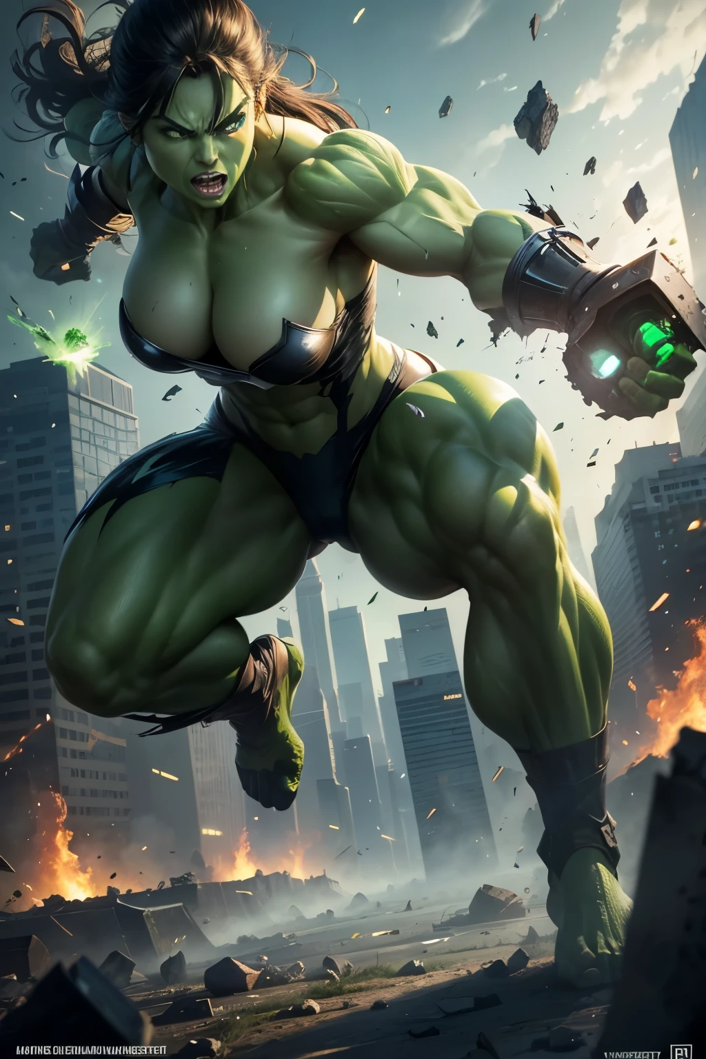 best quality,4k,8k,highres,masterpiece:1.2,ultra-detailed,(realistic,photorealistic,photo-realistic:1.37),beautiful detailed eyes,beautiful detailed lips,extremely detailed eyes and face,longeyelashes,1girl,green skin,fierce expression,strong muscular build,ripped clothes,lawyer,Marvel superheroine,emerald hue,glowing green eyes,smashing through walls,super strength,Angry Hulk face in the background,city skyline,hulk transformation,crumbling debris,epic battle,shattered glass,flying debris,studio lighting,colorful comic book style,superhero action,shadow and light interplay,contrasting colors,emotive art style