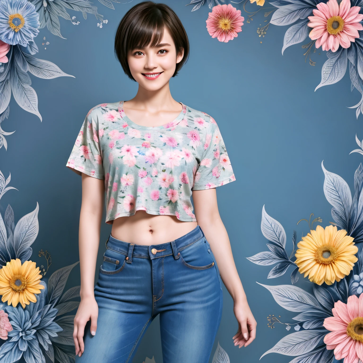 238 18-year-old female, short hair, (Jeans andＴ-shirt), A kind smile, lipstick, Abdominal muscles, (Floral Background、Fractal Patterns)