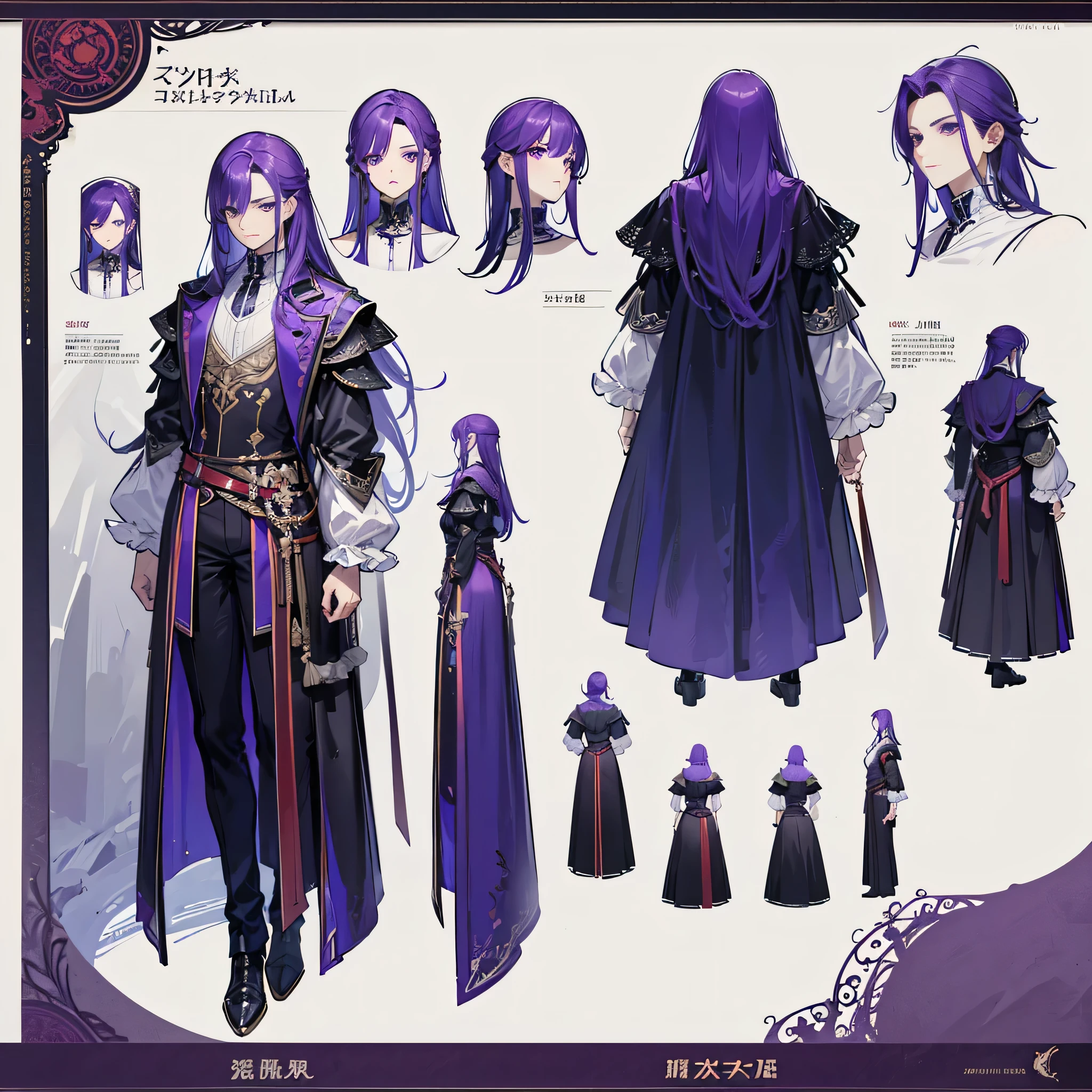 (Masterpiece, best quality), detailed, 1 man, ((character concept art)), ((character design sheet, same character, front, side, back)), full body, body complete, 1 Male, 1 Man, Detailed face, character design sheet，full bodyesbian, Highly detailed, character sheet, character design, Many parts, dark skin, angel wings, long purple hair, male angel outfit, masculine, male clothes,muscle male god, muscle man, male muscle, manly, male angel, Muscle male with purple long hair,  beautiful man