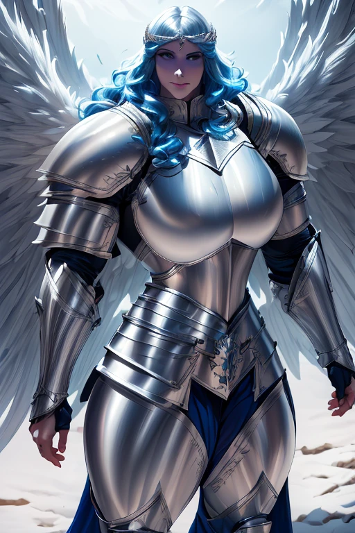 (((Massive, beautiful, buff, muscular pale white skinned female knight with royal blue hair, black lipstick, huge angle wings, ginormous bulky muscles, holding a sword and shield and wearing an all royal blue gleaming knight armor with hauberk pants))), {close view}, black eyeliner, massive muscles, massive biceps, hyper muscle triceps, (long wavy curly hair), white eyes, giant angel wings, knight boots, In a castle, hauberk and pants, steel knight armor, armor breastplate, nighttime, confident smile, hyper muscles arms, hyper muscle legs, ginormous arms