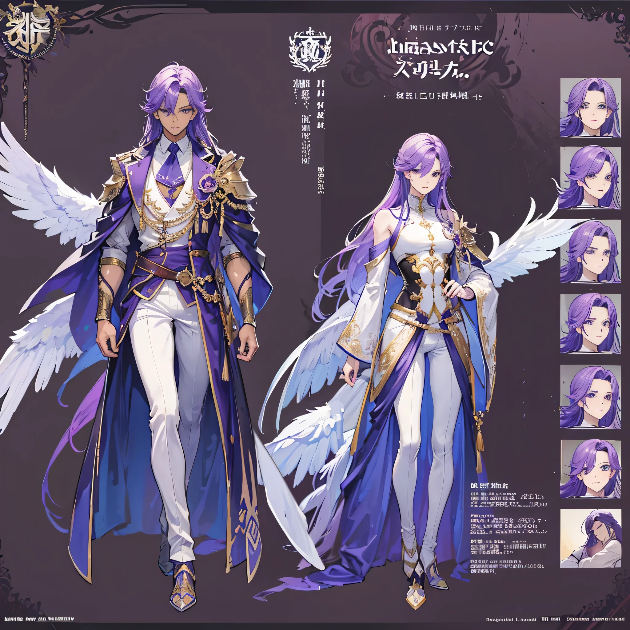 (Masterpiece, best quality), detailed, 1 man, ((character concept art)), ((character design sheet, same character, front, side, back)), full body, body complete, 1 Male, 1 Man, Detailed face, character design sheet,full bodyesbian, Highly detailed, character sheet, character design, Many parts, dark skin, angel wings, long purple hair, male angel outfit, masculine, male clothes,muscle male god, muscle man, male muscle, manly, male angel, Muscle male with purple long hair, beautiful man