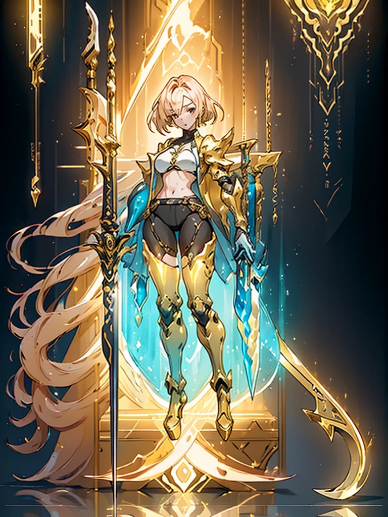 Design a layout showcase Gaming character, ((1girl)), sorcerer:1.2, Golden+Purle clothes, stylish and unique, ((showcase weapon:1.4)), magic staff, (masterpiece:1.2), (best quality), 4k, ultra-detailed, (Step by step design, layout art:1.5), (luminous lighting, atmospheric lighting), Final Fantasy style, magican, ((glove full hands)), fran, viera, (((revealing clothes:1.3))), vambraces, armored legwear, (((full_body_shot:1.4))), Niji, back_view, T_pose
