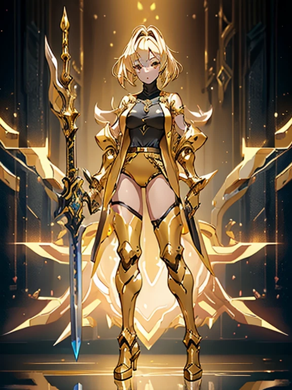 Design a layout showcase Gaming character, (1girl). Golden+Purle clothes, stylish and unique, ((showcase weapon:1.4)), magic staff, (masterpiece:1.2), (best quality), 4k, ultra-detailed, (Step by step design, layout art:1.5), (luminous lighting, atmospheric lighting), Final Fantasy style, magican, ((glove full hands)), fran, viera, (((revealing clothes:1.3))), vambraces, armored legwear, (((full_body_shot:1.4))), Niji