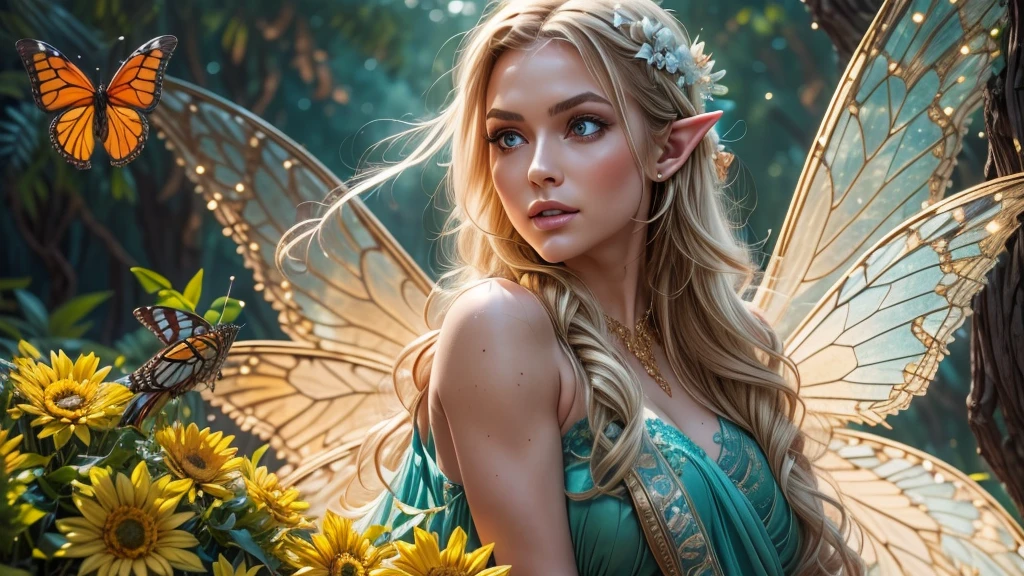 Beautiful faerie woman, elf ear, flying, massive monarch butterfly wings between shoulder blades, glowing blue eyes, detailed proportional hands, proportional body, firm breast, frank Frazzetta painting style, (Best Quality:1.4), (Ultra-detailed), (extremely detailed CG unified 8k wallpaper), Highly detailed, RAW Photos, Professional Photography, plein air, Illumination, (Super fancy photos:1.4), (Dazzling light), Radiant Photography, depth of fields