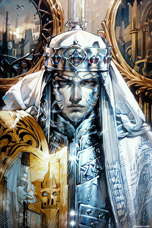 A realistic painting of King Baldwin IV of Jerusalem, Kingdom of Heaven, White hood, ((silver mask)) covering whole face. Valiant leper king. Masterpiece, (highly detailed:1.2),(detailed face and eyes:1.2), cinematic lighting, bokeh.