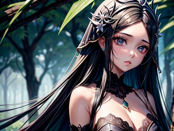 animesque、Clear, Moisturizing sea green eyes、Beautiful woman like a fashion model、a closeup、portlate、Beautiful, Beautiful black hair without hair ornaments, hight resolution,　top-quality, ​masterpiece, 8k wallpaper、 One Person、Beautiful skin、１７age、