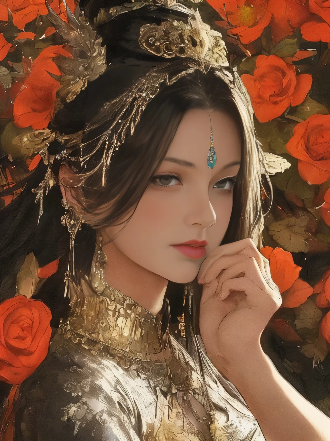 yoshitaka amano's painting style, Beautiful girl with long white hair, Fair skin, And red eyes, In the woods with cinematic lighting, It's dark and there is little light. She is wearing a golden white dress, Her eyes were focused, Looking at the audience. Her skin is white, Her face was delicate and perfect., Huge firm bouncing breasts, masterpiece, Top quality artwork. This image is an incredibly detailed 8K CG wallpaper., Cinematic tones with artistic cinema lighting and neutral filters