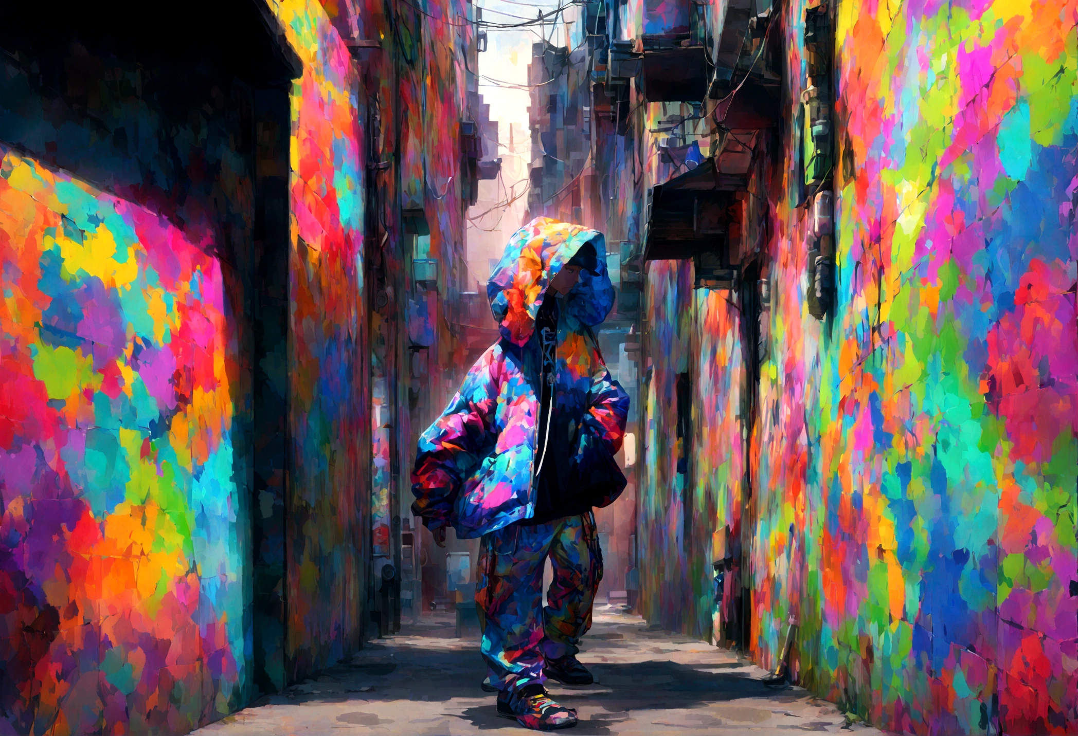 Going against the tide of the times,High definition,8K,psychedelic,wall,Hip-Hop,Rap,Alley,wallに落書き,Hip Hop Fashion,Young man,cool