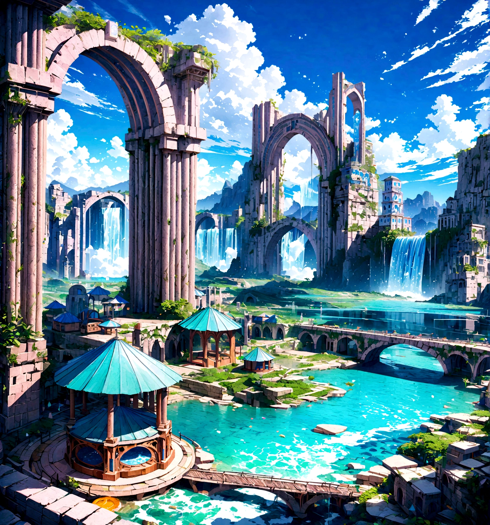 8K resolution, surreal, Super detailed, high quality, fantastical city, towering archways and bridges, cascading waterfalls, ancient ruins, lush greenery, winding river, blue skies with fluffy clouds, detailed stone structures, scenic landscapes, mix of natural and architectural beauty, vibrant colors