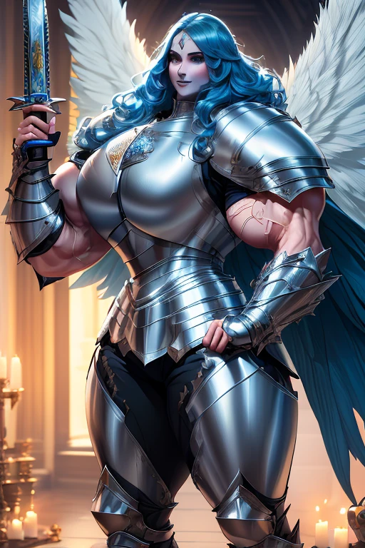 (((Massive, beautiful, buff, muscular pale white skinned female knight with royal blue hair, black lipstick, huge angle wings, ginormous bulky muscles, holding a sword and shield and wearing an all royal blue gleaming knight armor with hauberk pants))), {close view}, black eyeliner, massive muscles, massive biceps, hyper muscle triceps, (long wavy curly hair), white eyes, giant angel wings, knight boots, In a castle, hauberk and pants, steel knight armor, armor breastplate, nighttime, confident smile, hyper muscles arms, hyper muscle legs, ginormous arms