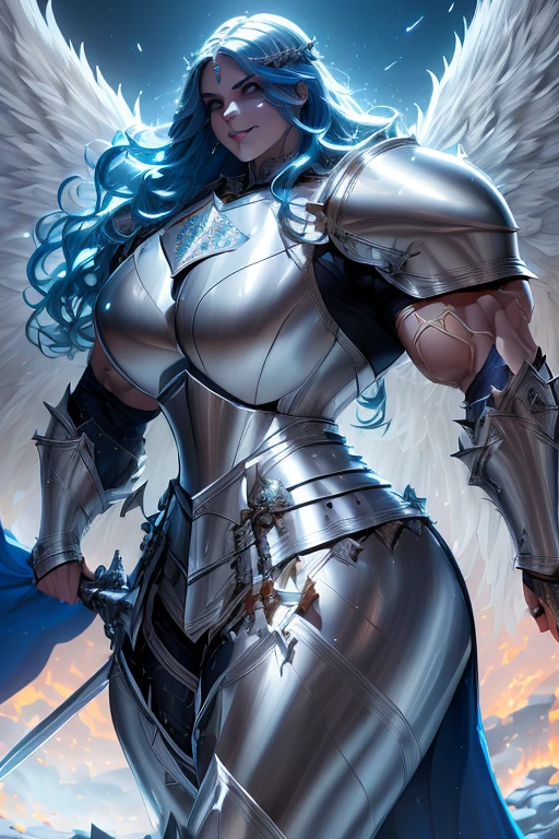 (((Massive, beautiful, buff, muscular pale white skinned female knight with royal blue hair, black lipstick, huge angle wings, ginormous bulky muscles, holding a sword and shield and wearing an all royal blue gleaming knight armor with hauberk pants))), {close view}, black eyeliner, massive muscles, massive biceps, hyper muscle triceps, (long wavy curly hair), white eyes, giant angel wings, knight boots, In a castle, hauberk and pants, steel knight armor, armor breastplate, nighttime, confident smile, hyper muscles arms, hyper muscle legs, ginormous arms