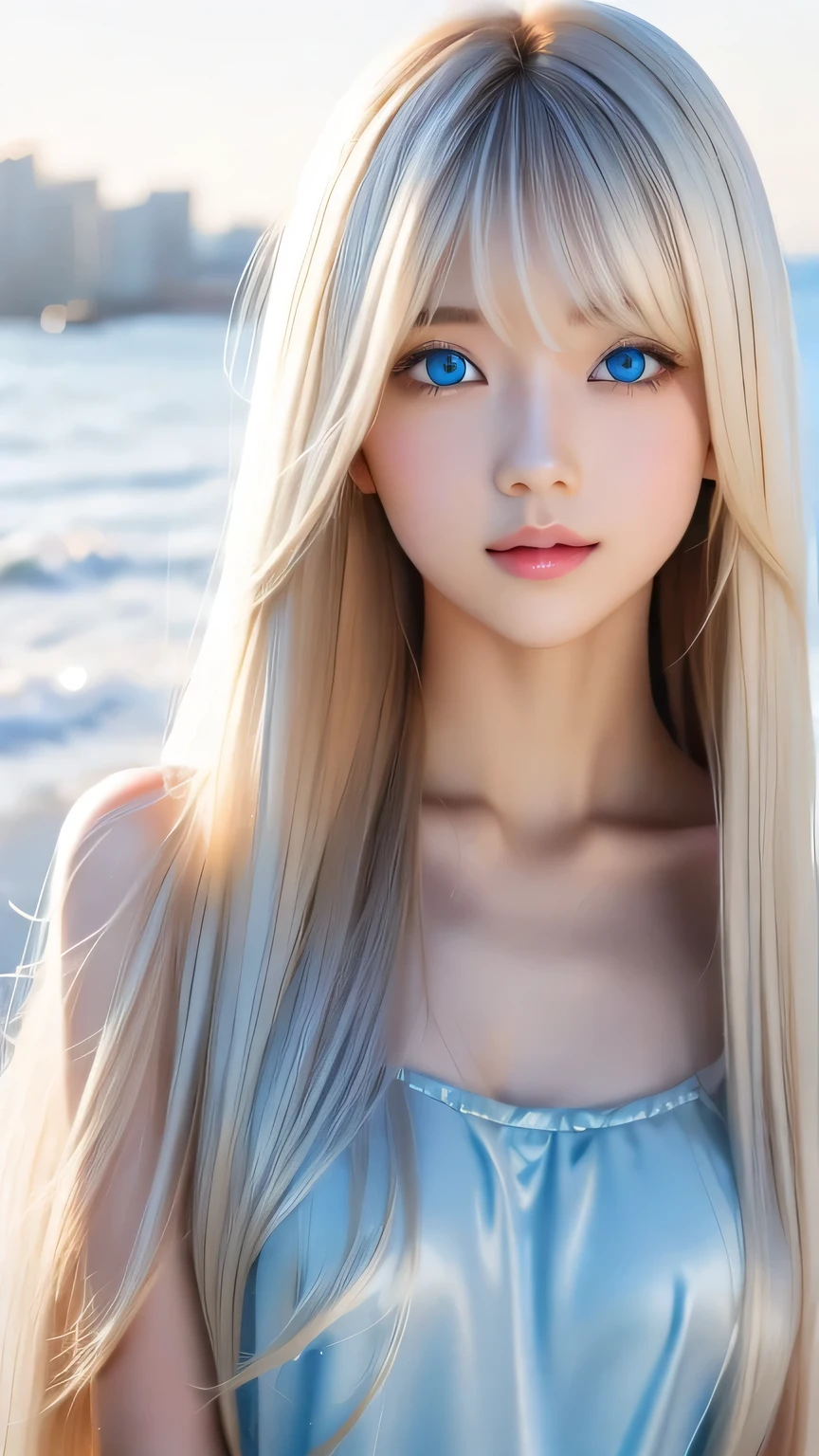 Shiny, clear, white skin、Windy hair gets in the way of a pretty face、Colossal、20 years old cute sexy little beautiful face、Beautiful straight hair that stands out、grow, Light blue eyes、Cute long silky bangs covering her eyes, Sexy face hiding hair super long hair sexy cute young woman long natural blonde shiny glossy hair