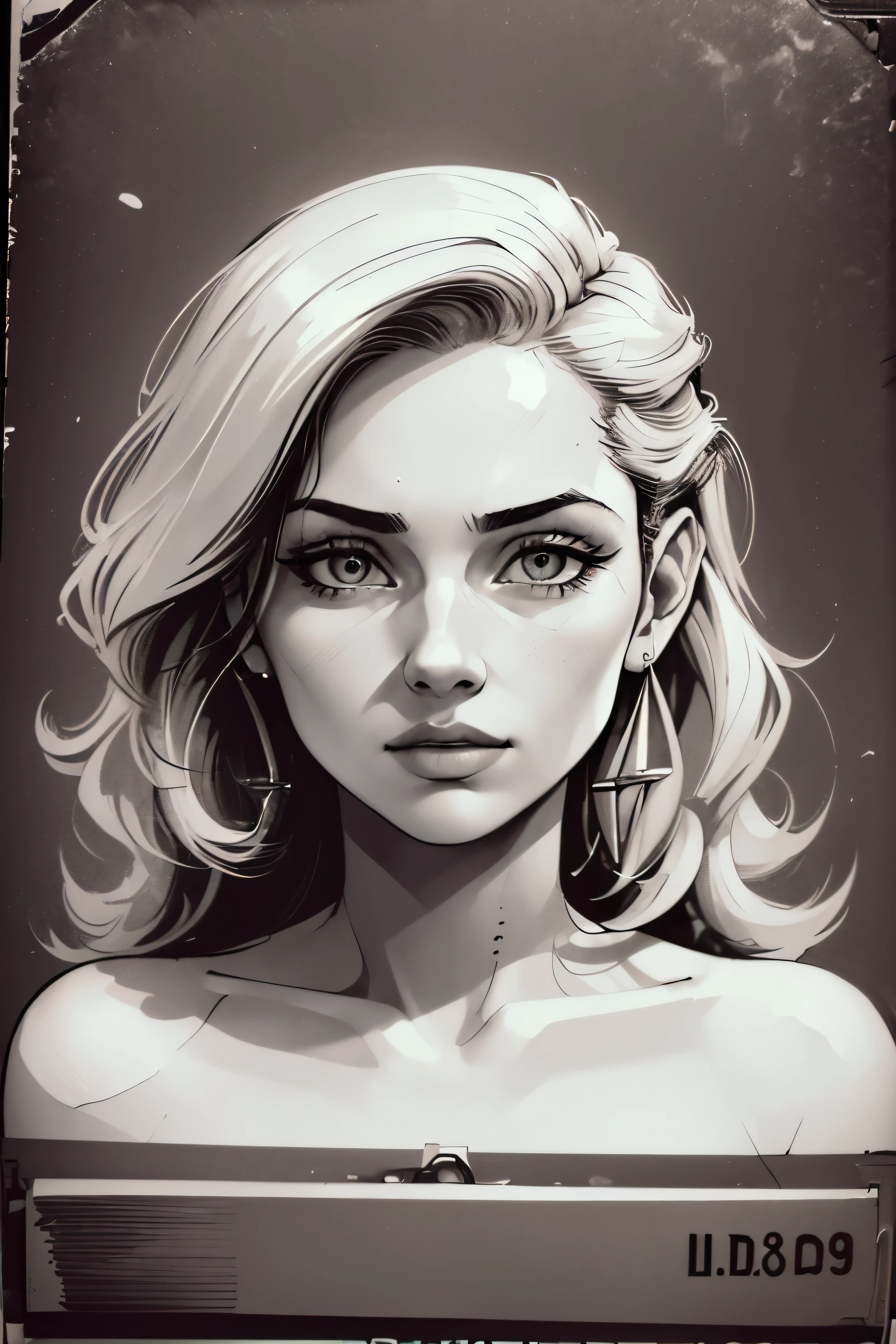 A girl in a mugshot, sketch, black and white, cute, detailed features, vintage style, high contrast lighting, expressive eyes, tousled hair. (best quality, highres, realistic:1.37), vintage, monochrome, intense gaze, dramatic lighting, rugged background, distressed paper texture, retro vibes, id photo, front view