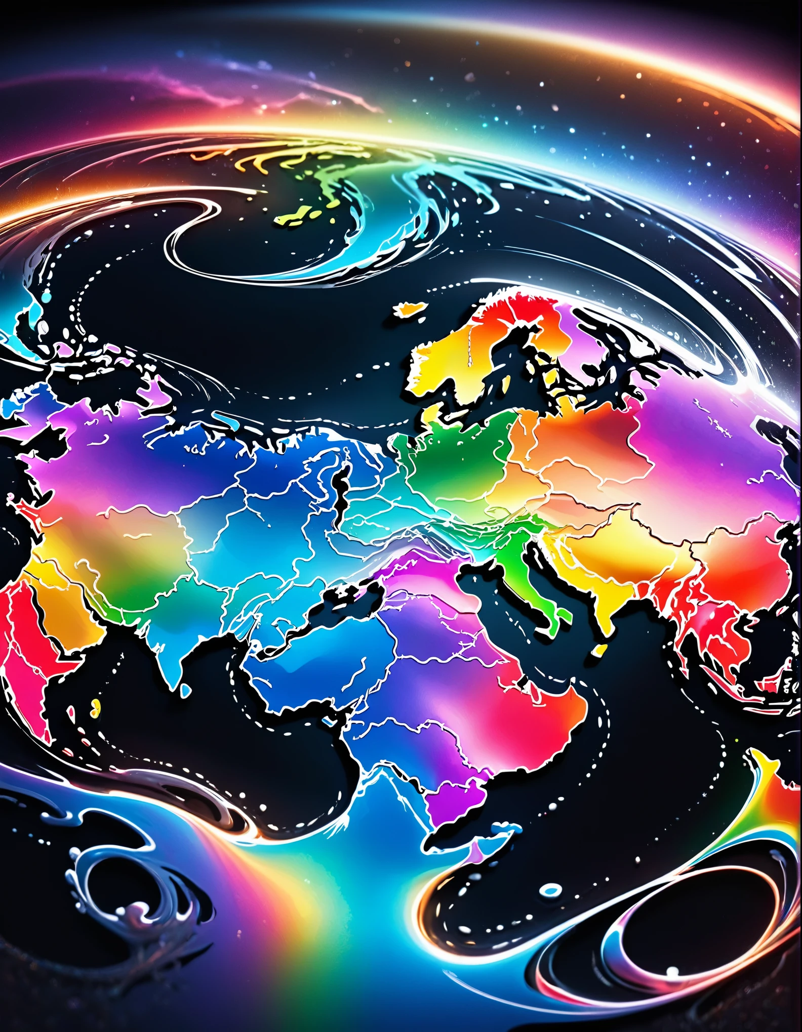 A world map drawn in liquid metal on a black background,The dark background highlights the beauty of the liquid metal,High quality black leather with silver liquid metal land pattern,Smooth and beautiful liquid metal,Shining in pale rainbow colors,Material,A scene where a magical silver liquid transforms into a map,Liquid-like smoothness,Metallic Desire,Metallic Color,Abstract,fluid,Mercury,magic,Dreamy,flash,very flash,colorful,Very detailed,Intricate details,Unbelievably absurd,highest quality,masterpiece,rendering,Unreal Engine,Perfect composition,Perfect color balance