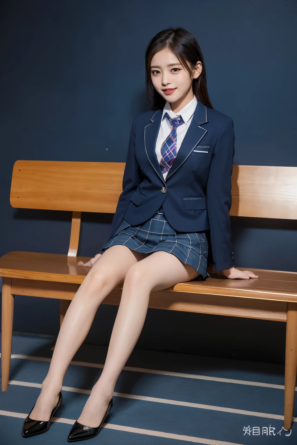 (8k), (highest quality: 1.2), (Realistic), (Realistic: 1.37), Ultra-high resolution, (1 girl), cute, blush,Embarrassed smile, Beautiful details, Beautiful Nose, straight Hair, Giant Dulcefo, pork, Thighs,Self Snap,University Uniforms,(A simple dark blue blazer:1.4),(Pleated skirt:1.2),(The skirt and tie are black tartan check pattern.:1.3),(Sitting:1), Sit on the bench,(Hold my feet:1),(Shiny 太い legs:1.2),from the front,knees