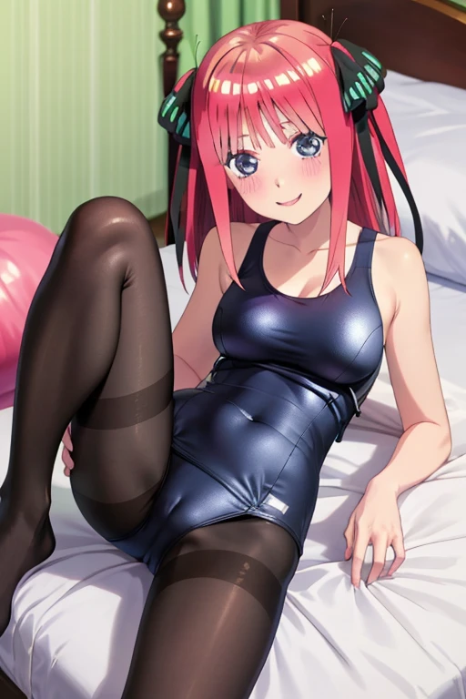 masterpiece, best quality, insanely detailed, beautiful, nino nakano, one-piece swimsuit, breasts, pantyhose, blush, smile, bed room, legs spread