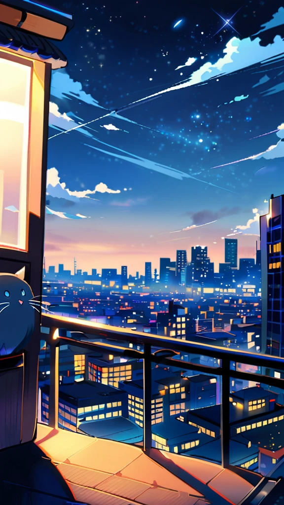 1girl, short hair, blue eyes, skirt, shirt, holding, , standing, outdoors, sky, cloud, blue skirt, night, animal, cat, building, star \(sky\), scenery, starry sky, city, cityscape, whiskers, rooftop, oversized animal,Blue Hair Girl,Face close-up