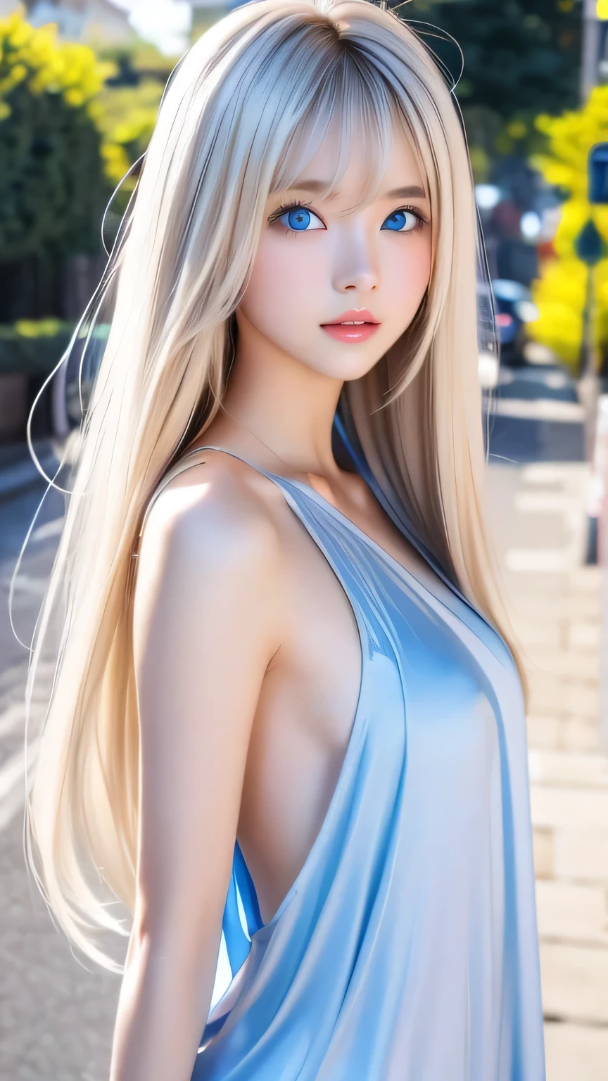 Shiny, clear, white skin、Windy hair gets in the way of a pretty face、Colossal、20 years old cute sexy little beautiful face、Beautiful straight hair that stands out、grow, Light blue eyes、Cute long silky bangs covering her eyes, Sexy face hiding hair super long hair sexy cute young woman long natural blonde shiny glossy hair