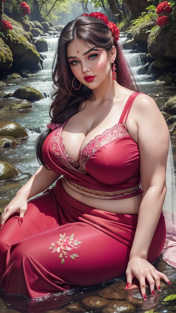 {Ultra HD, 4K, HDR, 8K, close up}, ((Rich married woman in the nature stream, heavenly goddess, BBW, voluptuous, SSBBW, thick, age 35, light smirk, wearing sari, sleeveless, looking like Mom)), (((long straight ponytail hairs with red flower equipped, red lips, clear big eyes, raised eyebrows, pink cheeks, heavy makeup, red clothes, red nails))), ((h