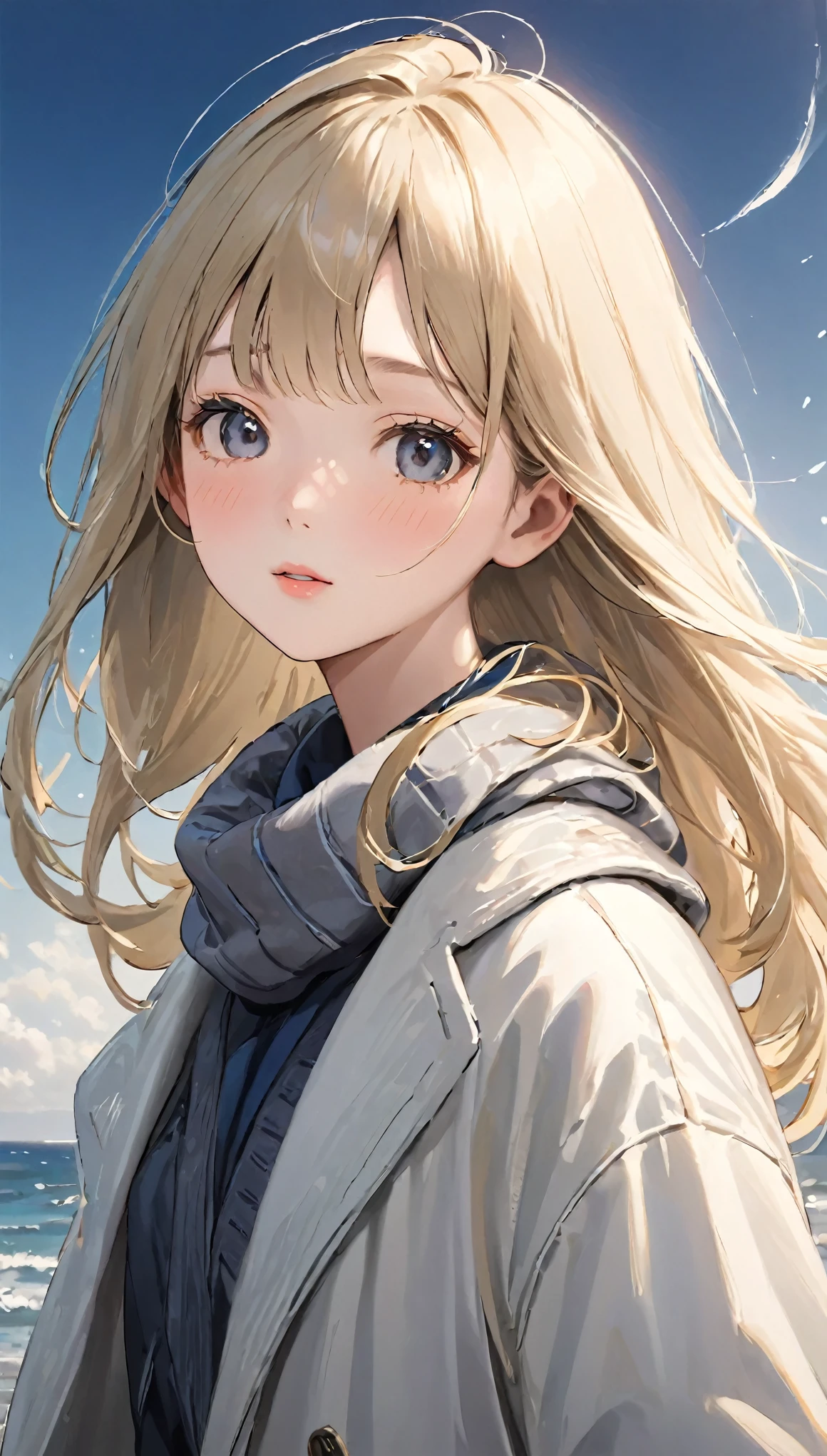((Hair blowing in the wind、No makeup:1.2))、(Realistic、Photorealistic、Very detailed、Best detailed skins、highest quality、masterpiece、超A high resolution)、Cute Russian Women、14 years、high school girl、Young girl、1 girl、Has bangs、Ash Blonde:1.7、double eyelid、Drooling eyes、Japanese style face、purity、Realistic skin type、Thick muffler、Gray muffler、Fluffy hair、((There'Hair in a scarf:1.3))、Red cheeks、The wind is blowing、that'it's snowing、night、illumination、Lighting from behind、Hair blowing in the wind