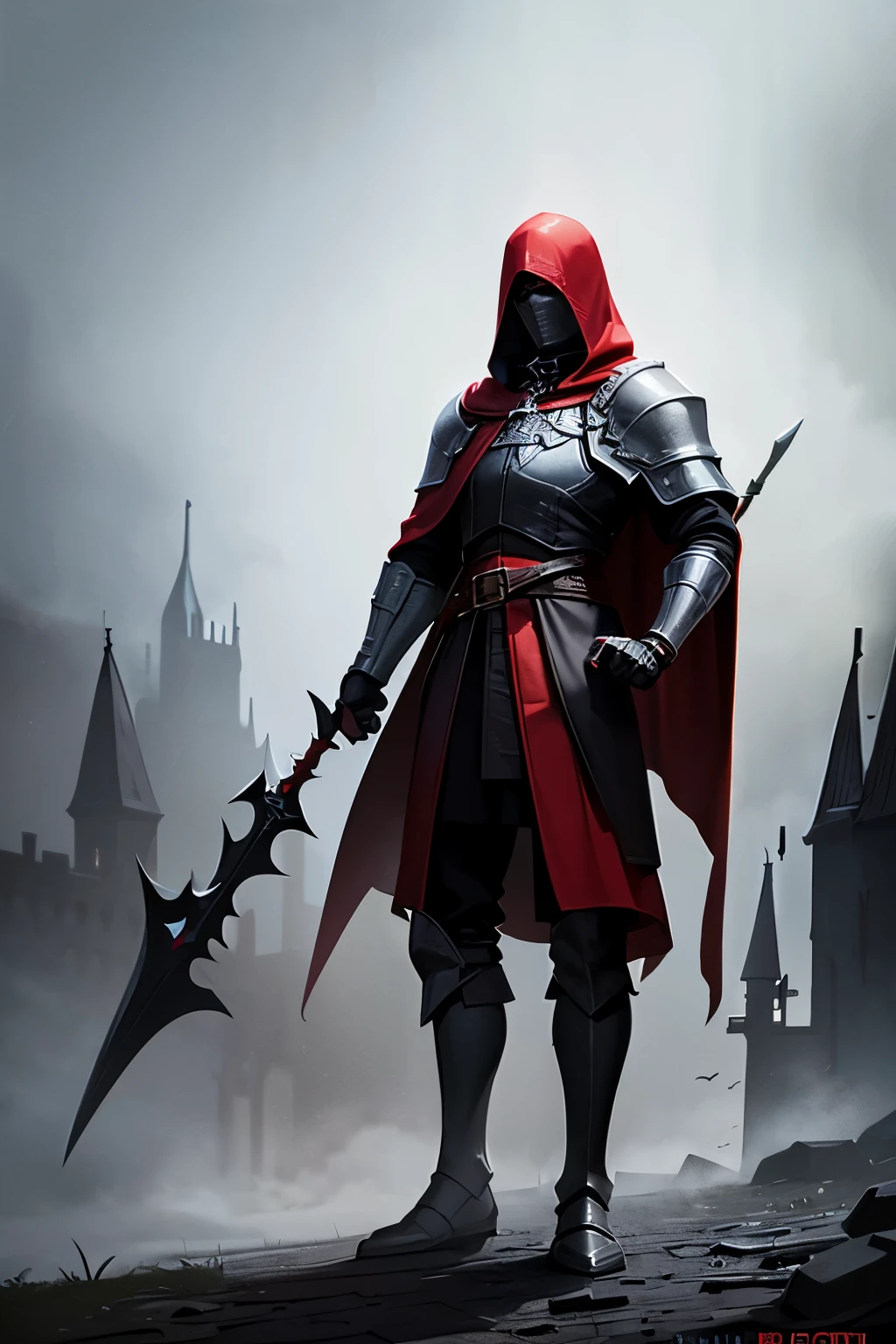 a medieval warrior, man with black hair, medieval armor, gothic, gothic architecture in the background, gloomy fog covering the place, a cape and red hood over the armor, iron boots, full body, best quality, artwork cousin, red hood on the head like little red riding hood, dark atmosphere, black eyes, perfect face, dark souls, silent hill atmosphere, anime
