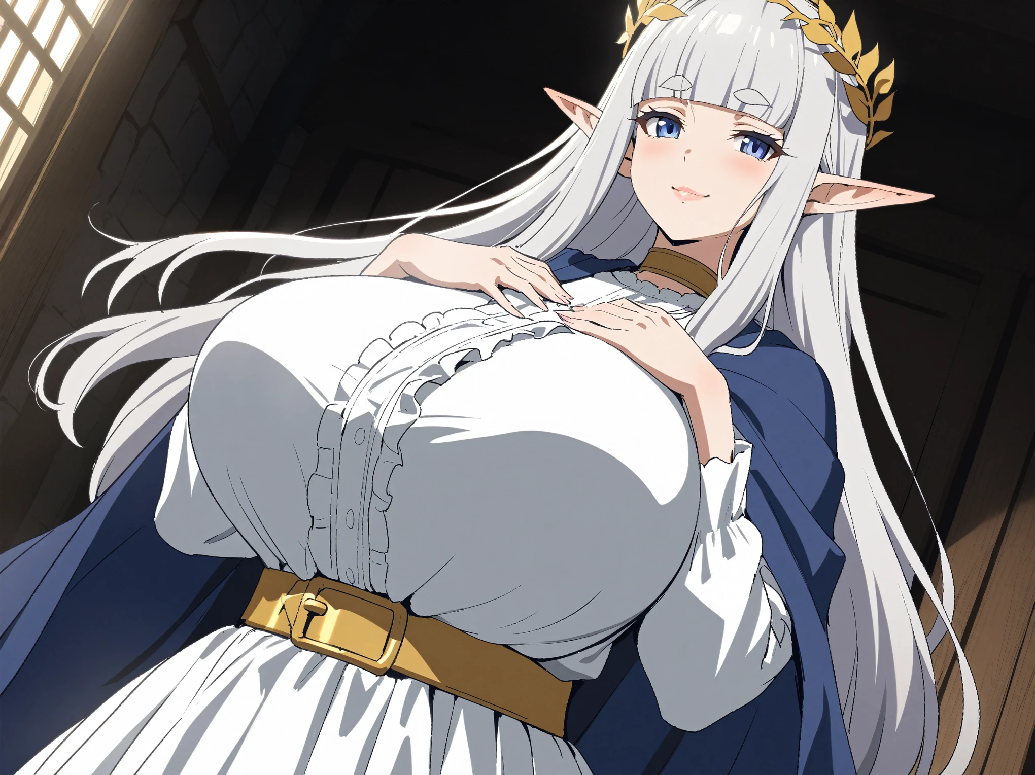 {{upper body, dutch angle}} {{Artist: Sincos}} 1girl, solo, mature female, elf, pointy ears, silver hair, long hair, blunt bangs, straight hair, blue eyes, long eyelashes, thick eyebrows, lips, huge breasts, sweet smile, white gown, frilled dress, gold belt, gold laurel wreath, gold choker, blue cape, looking at viewer, pov, standing, indoors, victorian bedroom, hands on own chest, medieval fantasy.