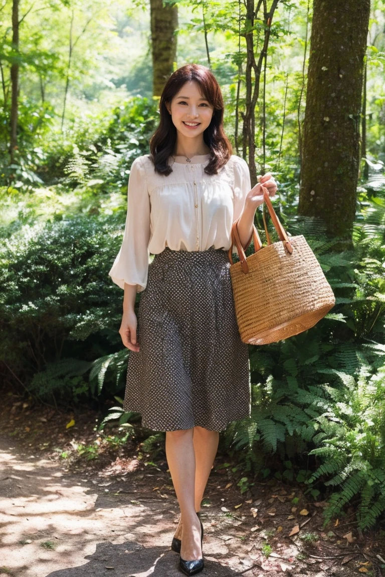 highest quality, Pieces fly, Realistic, High resolution, 8k RAW Photos,alone, One girl, 30 years old、Standing in the forest、smile、Holding a large mushroom in each hand、blouse、Business Skirt、High heels、tote bag、Dense forest