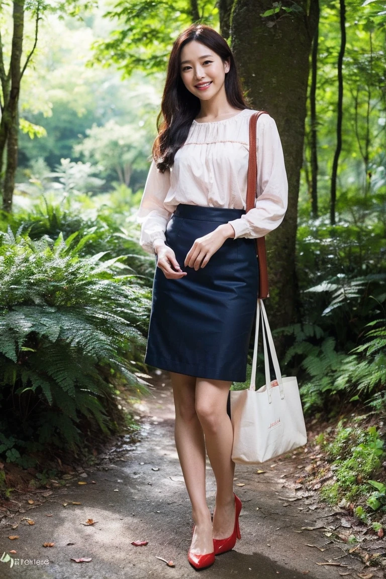 highest quality, Pieces fly, Realistic, High resolution, 8k　RAW Photos,alone, One girl, 30 years old、Standing in the forest、smile、Holding a large mushroom in each hand、blouse、Business Skirt、High heels、tote bag、Dense forest