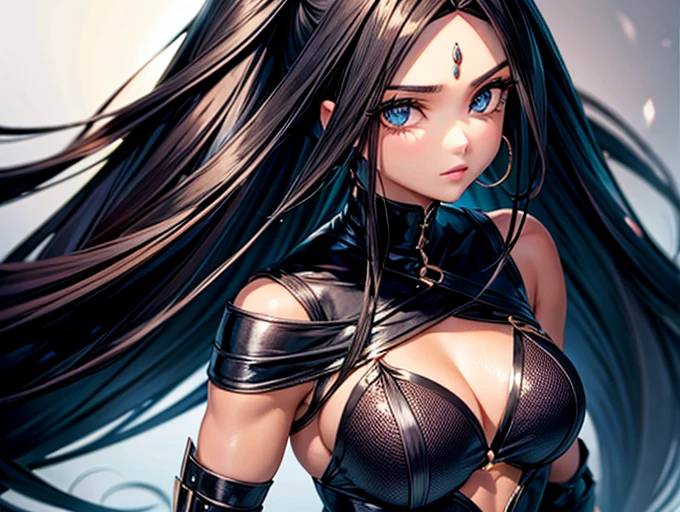 Imagem muito detalhada.Mulher.cabelo preto,olhos brancos,roupa preta.estilo anime