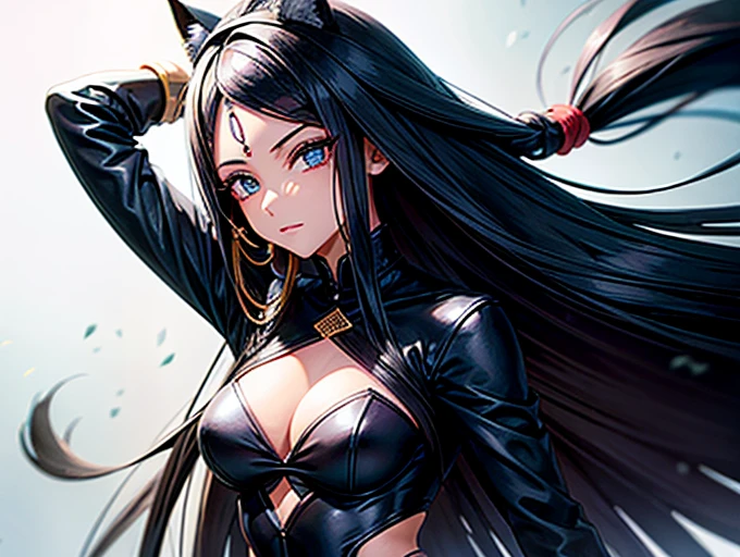 Imagem muito detalhada.Mulher.cabelo preto,olhos brancos,roupa preta.estilo anime