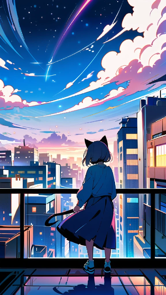 1girl, short hair, blue eyes, skirt, shirt, holding, , standing, outdoors, sky, cloud, blue skirt, night, animal, cat, building, star \(sky\), scenery, starry sky, city, cityscape, whiskers, rooftop, oversized animal