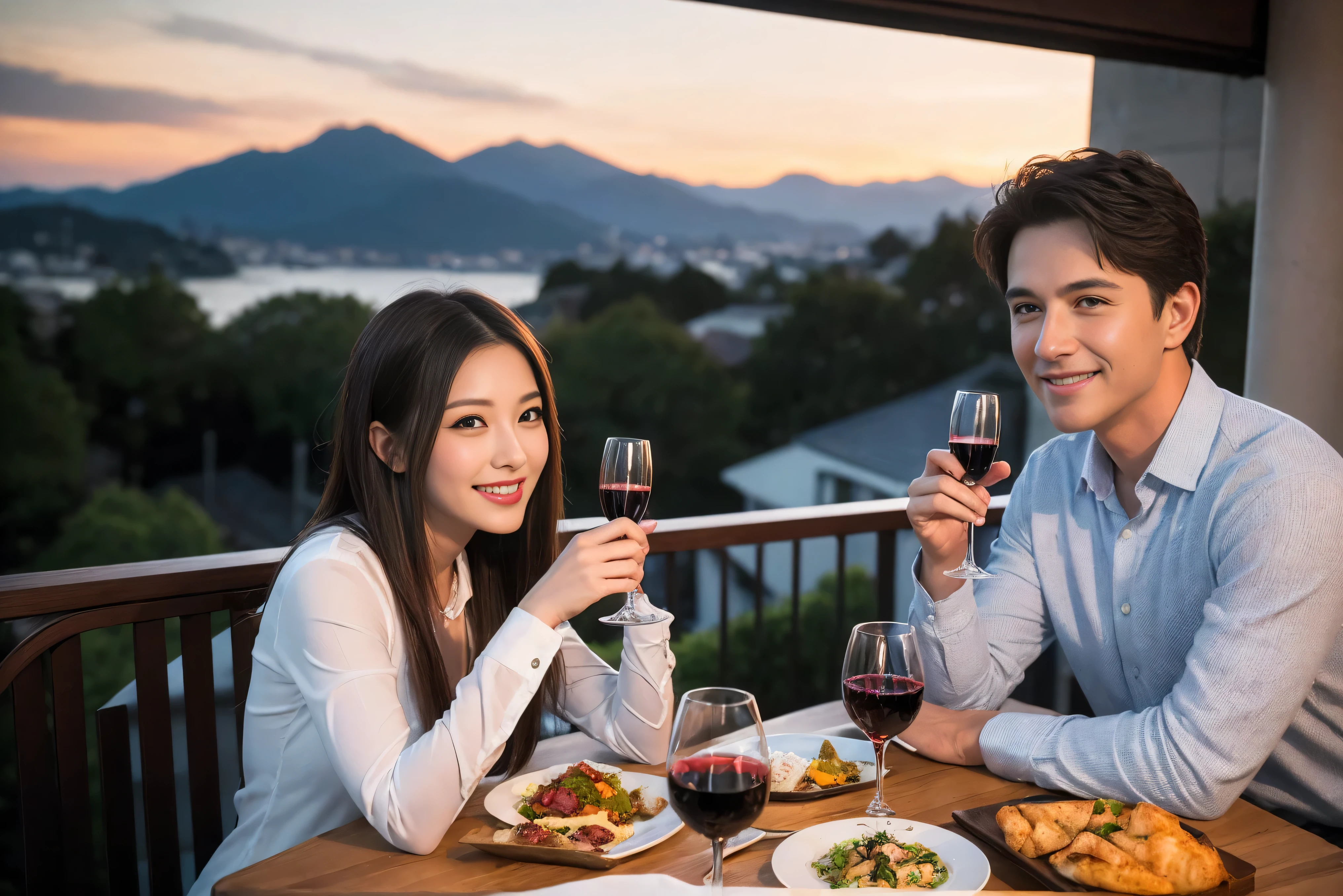 ((highest quality、8k、masterpiece:1.3))、1 male、1 female、lover、Beautiful couple、Japanese couple、Smile、Dinner Course、Appetizers、Italian food、 (Slim face), (the body is スリム), (Brown Hair), (Shortcuts), ((Bob Hale、Straight hair:1.2)), Wine glass on the table、Please shine a light on my face、 Amazing view of the sunset sky and clouds、Amazing mountain views、The beauty of a smile、Bright image、Blushing, Shortcuts,Bright Face、 (36 years old), 39 years old, red wine 、Wine bottle、Champagne、sparkling wine、Long sleeve shirt、dress、Attractive beauty、restaurant, Nova Frog Style, actress, model, Upper Body, White wine, red wine, wine glass, 