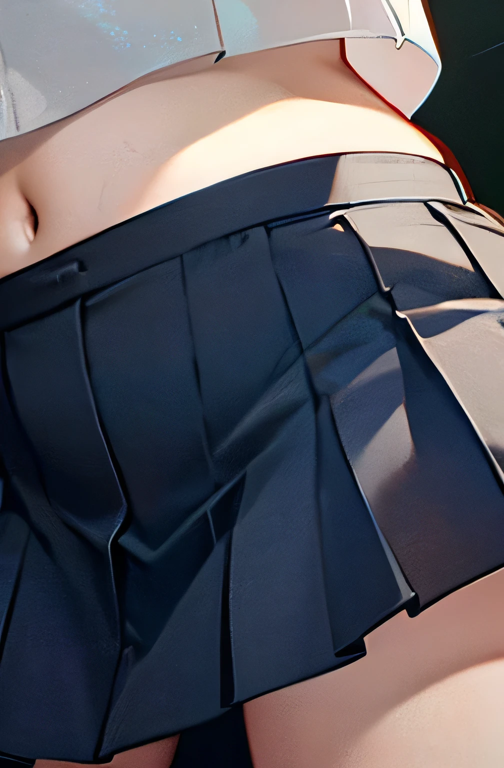 (highest quality:1.4)、High resolution、Detailed Background)、Anatomically correct、Attractive thighs、A low-angle close-up highlighting the crotch of her panties、Super close-up shot from directly below、girl、Very fine panty stitching、Detailed depiction of the crotch、White sheer pleated mini skirt、Camel Toe