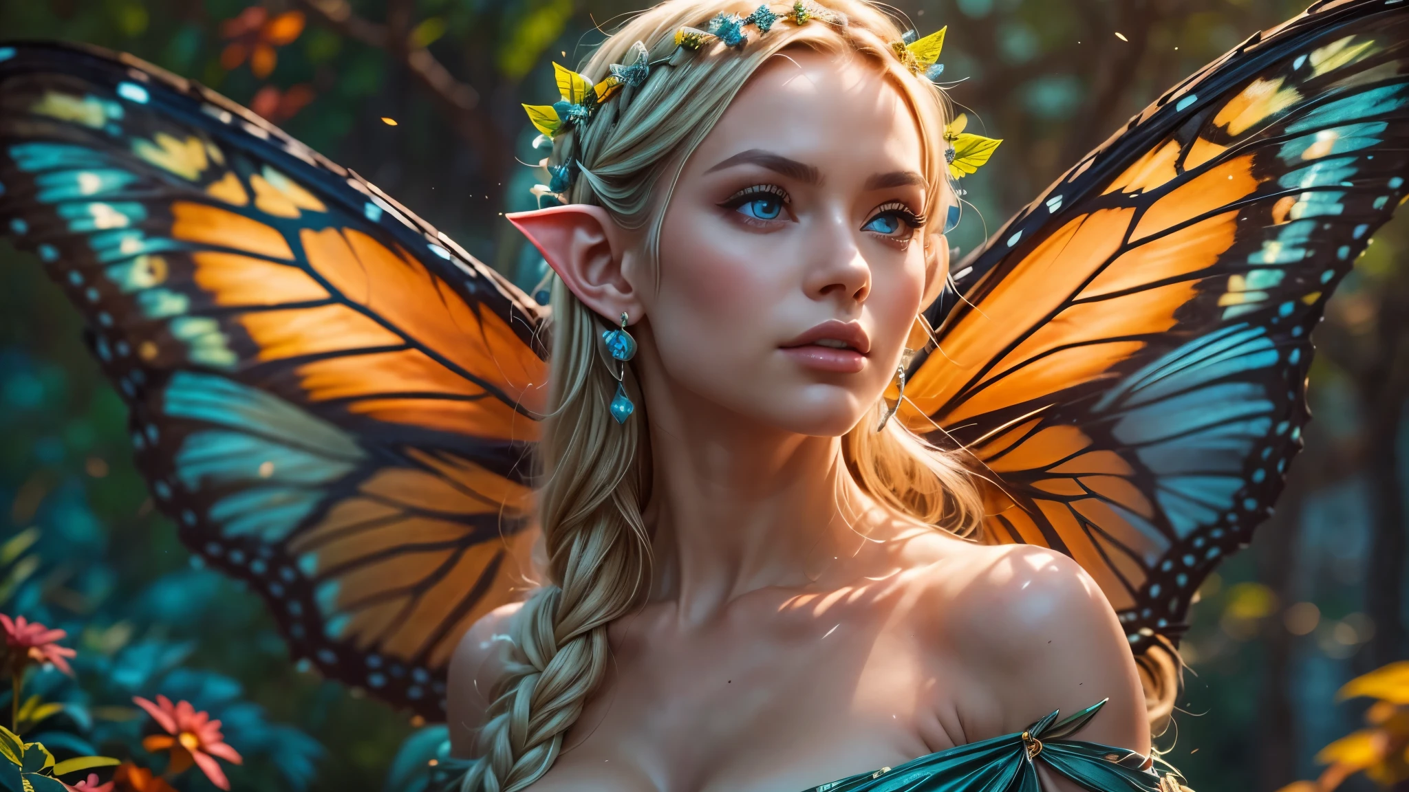 Beautiful faerie woman, elf ear, flying, massive monarch butterfly wings between shoulder blades, glowing blue eyes, detailed proportional hands, proportional body, firm breast, frank Frazzetta painting style, (Best Quality:1.4), (Ultra-detailed), (extremely detailed CG unified 8k wallpaper), Highly detailed, RAW Photos, Professional Photography, plein air, Illumination, (Super fancy photos:1.4), (Dazzling light), Radiant Photography, depth of fields