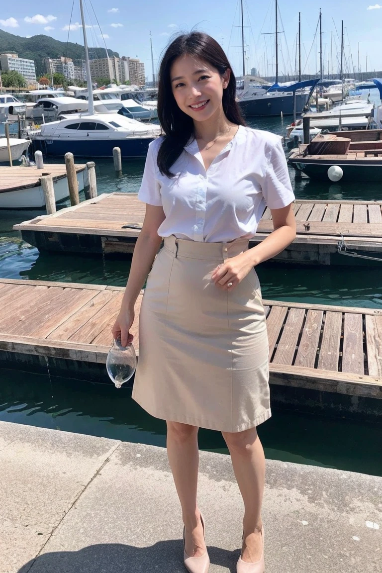 highest quality, Pieces fly, Realistic, High resolution, 8k RAW Photos,alone, One girl, 30 years old、Standing in the harbor、smile、holding a fish in each hand、Business Blouse、Business Skirt、High heels
