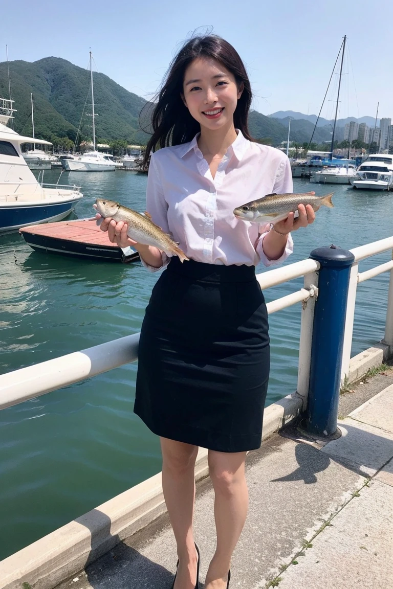 highest quality, Pieces fly, Realistic, High resolution, 8k RAW Photos,alone, One girl, 30 years old、Standing in the harbor、smile、holding a fish in each hand、Business Blouse、Business Skirt、High heels
