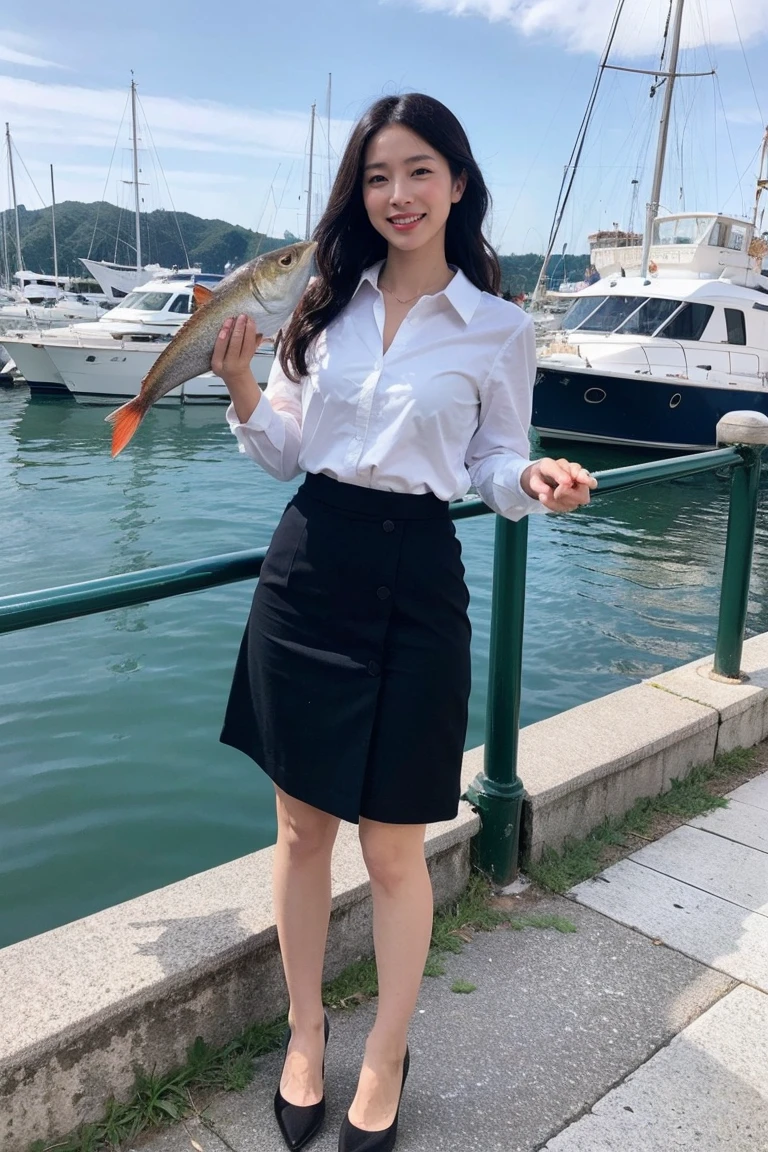 highest quality, Pieces fly, Realistic, High resolution, 8k　RAW Photos,alone, One girl, 30 years old、Standing in the harbor、smile、holding a fish in each hand、Business Blouse、Business Skirt、High heels