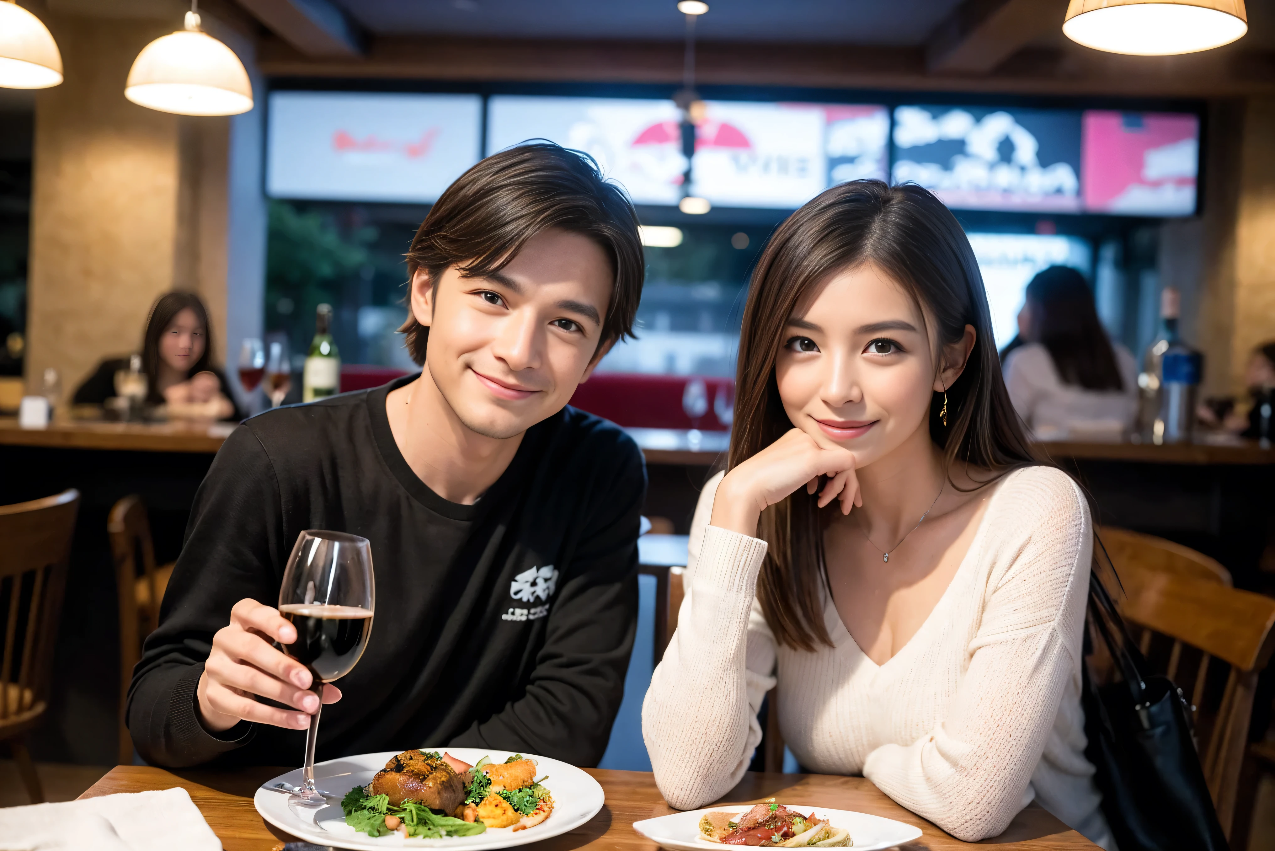 ((highest quality、8k、masterpiece:1.3))、1 male、1 female、lover、Beautiful couple、Japanese couple、Smile、Dinner Course、Appetizers、Italian food、wine 、 (Slim face), (the body is スリム), (Brown Hair), (Shortcuts), ((Bob Hale、Straight hair:1.2)), テーブルの上のWine Glass、Please shine a light on my face、 Amazing view of the sunset sky and clouds、 (36 years old), 39 years old, Red wine 、wine bottle、Champagne、Sparkling wine、Long sleeve dress、restaurant, Nova Frog Style, actress, model, Upper Body, White wine, Red wine, Wine Glass,
