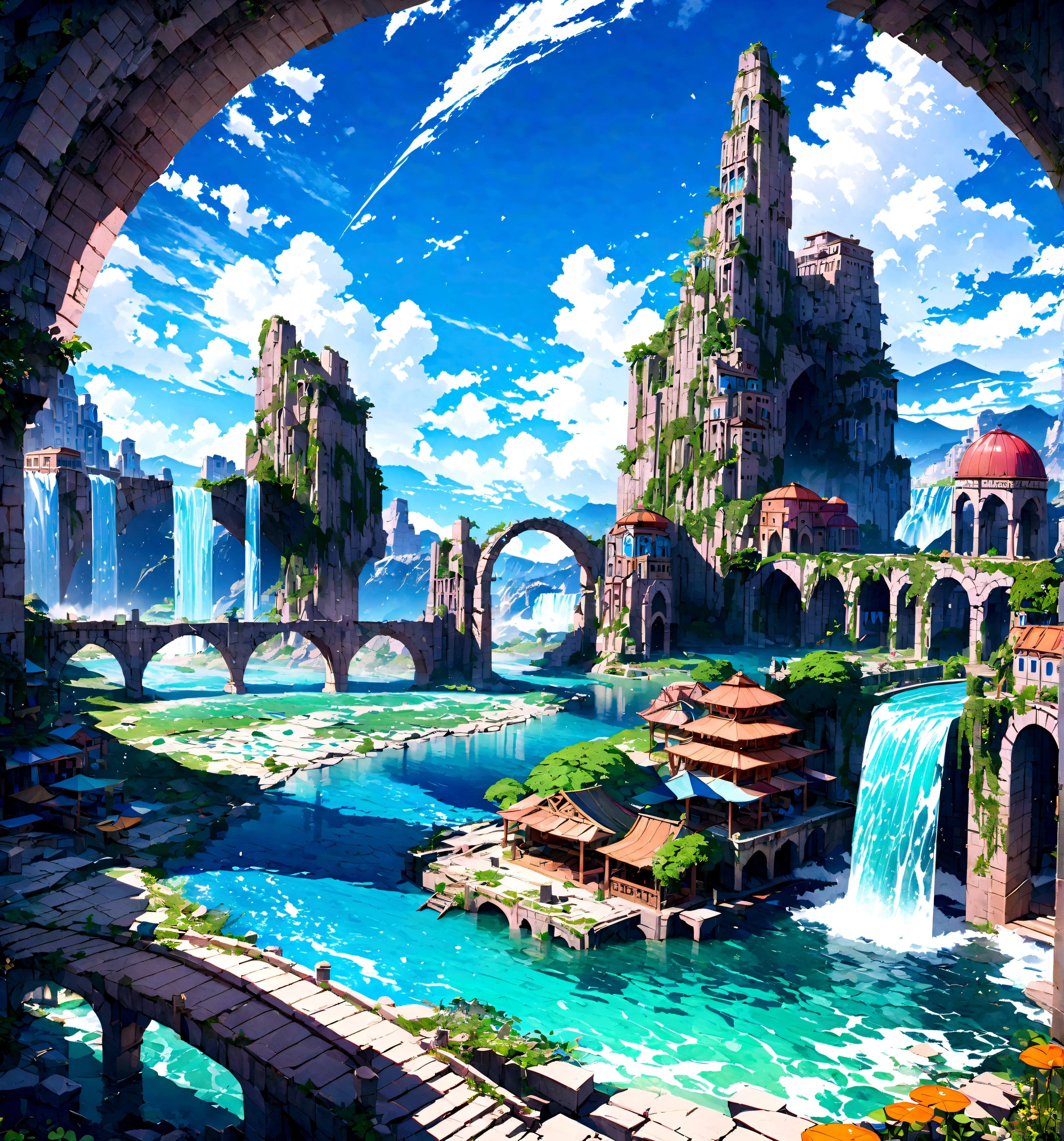 8K resolution, surreal, Super detailed, high quality, fantastical city, towering archways and bridges, cascading waterfalls, ancient ruins, lush greenery, winding river, blue skies with fluffy clouds, detailed stone structures, scenic landscapes, mix of natural and architectural beauty, vibrant colors