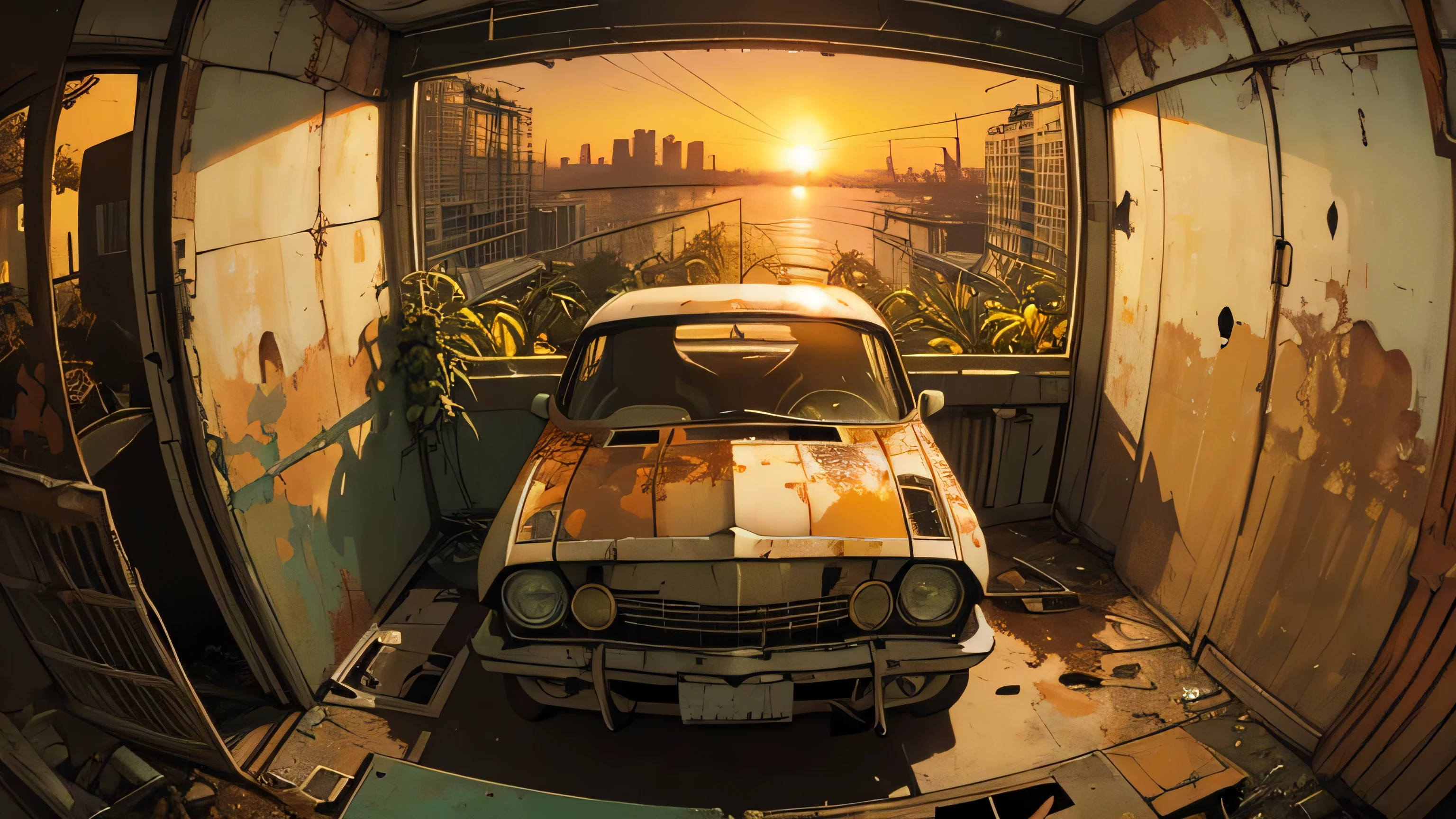(((Fisheye))), very wide white background, extreme quality, masterpiece, 8k, depth of field, intricate details, (((unattended))), very large margins, lots of text, corporate logo, space, movie poster, (((abandoned building with sea view))), (((all covered with plants)))), nostalgia, (((sunset))), (((Broken and rusted car))), panorama, long shot, backlight, (((dull color))), (((yellow color))),broken door, (((Night))), (((future interior)))