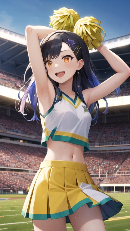 masterpiece, best quality, highres, Shiraishi An, long hair, multicolored hair, gradient hair, hair ornament, orange eyes, cheerleader, pom pom \(cheerleading\), stadium, sweat, standing, arms up, smile, open mouth,