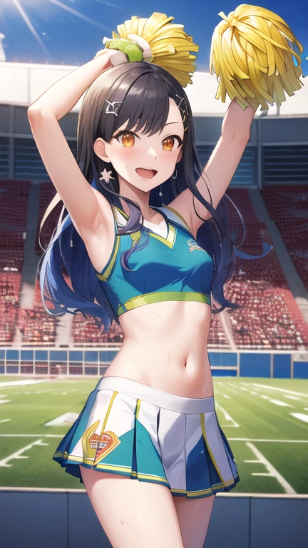 masterpiece, best quality, highres, Shiraishi An, long hair, multicolored hair, gradient hair, hair ornament, orange eyes, cheerleader, pom pom \(cheerleading\), stadium, sweat, standing, arms up, smile, open mouth,